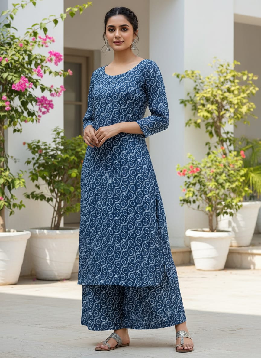 Seamless Vermicular Pattern With Blue Colour Digital Printed Fabric - Pure Muslin