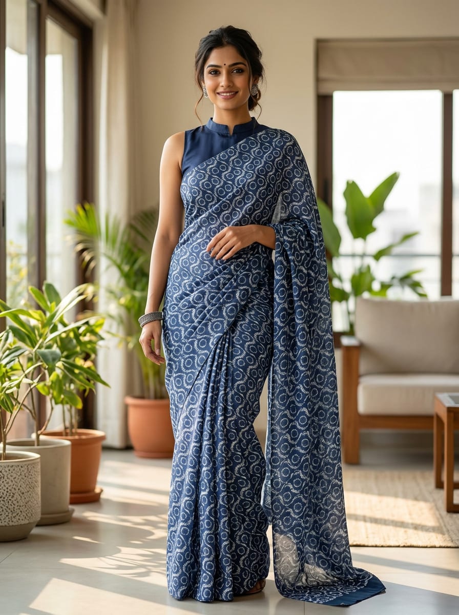 Navy Ethnic Tie-Dye Circles Upada Silk Digital Printed Fabric