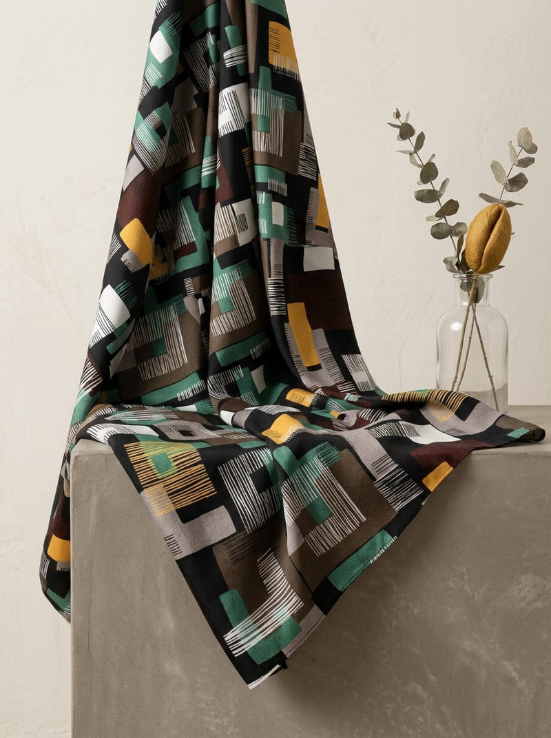Multicolor Abstract Textured Blocks Kora Silk Digital Printed Fabric