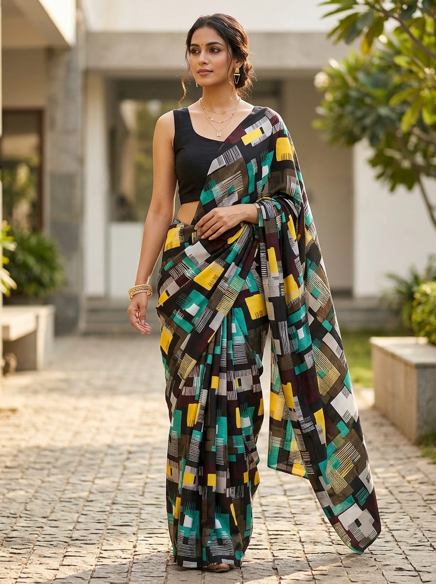 Multicolor Abstract Geometric Blocks Silk Crepe Digital Printed Fabric