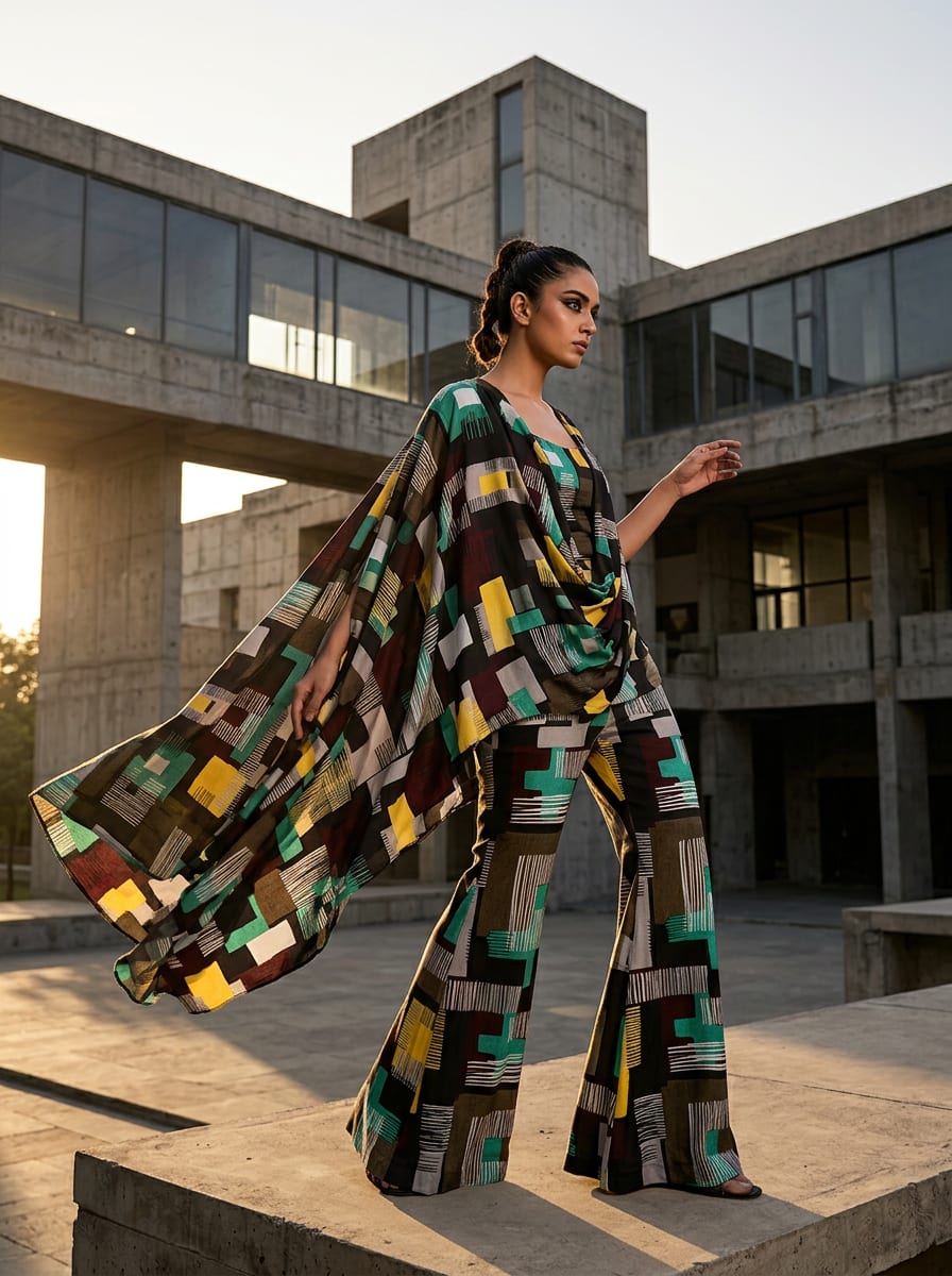 Multicolor Abstract Geometric Blocks Silk Crepe Digital Printed Fabric
