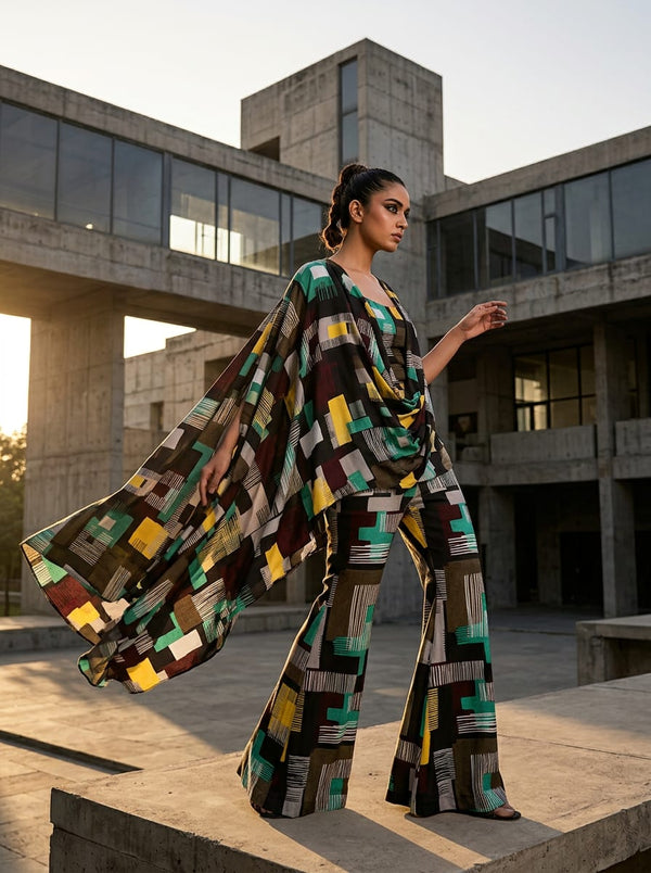 Multicolor Abstract Geometric Blocks Silk Crepe Digital Printed Fabric - Draped Cape with Flared Pants Lookbook - CR-0-TA0142-110 - alternate view