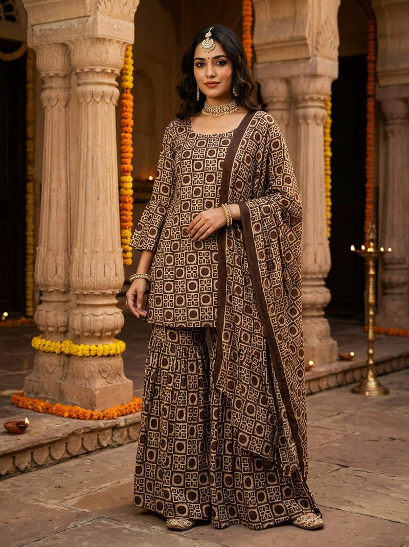 Brown Ethnic Geometric Grid Pattern Weightless Digital Printed Fabric