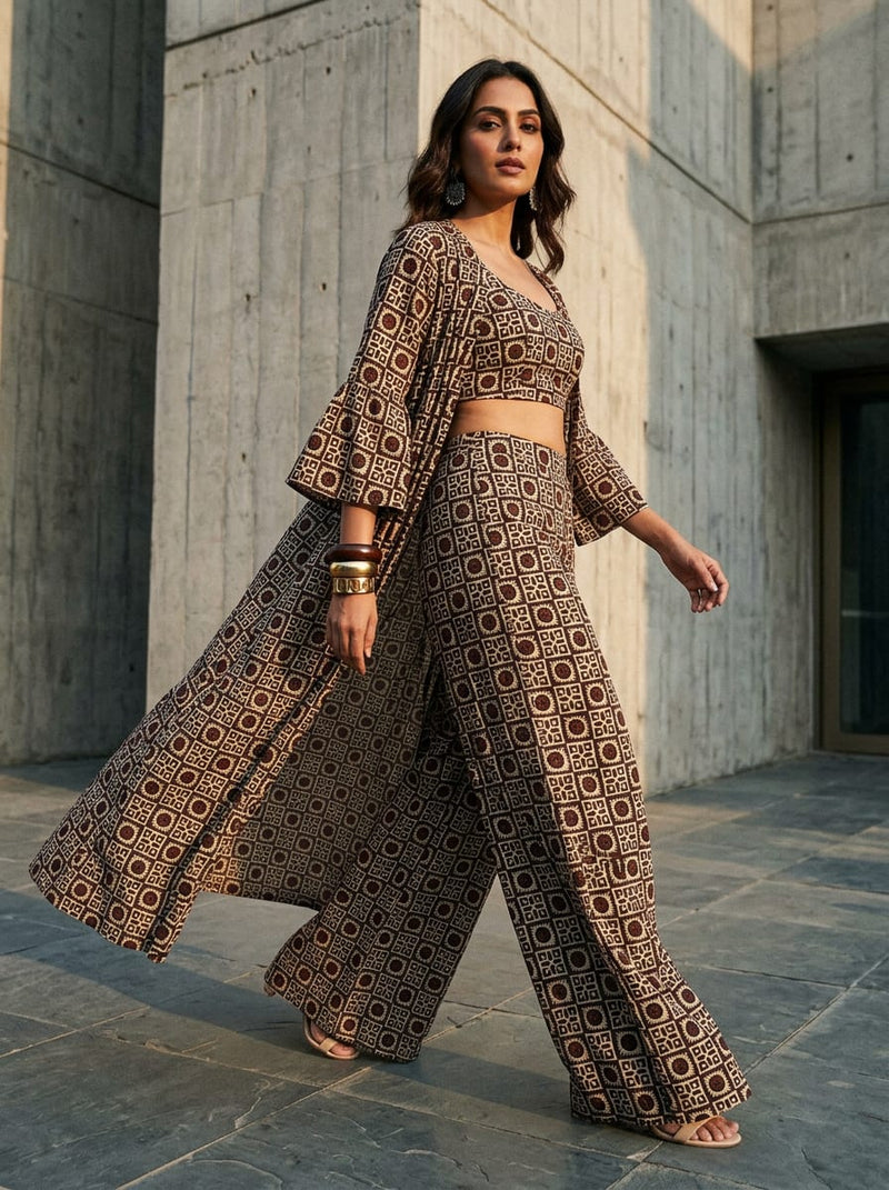 Brown Ethnic Geometric Grid Pattern Weightless Digital Printed Fabric