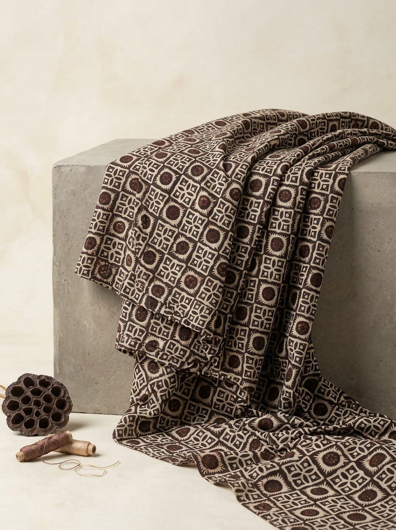 Brown Ethnic Geometric Tile Print Muslin Digital Printed Fabric