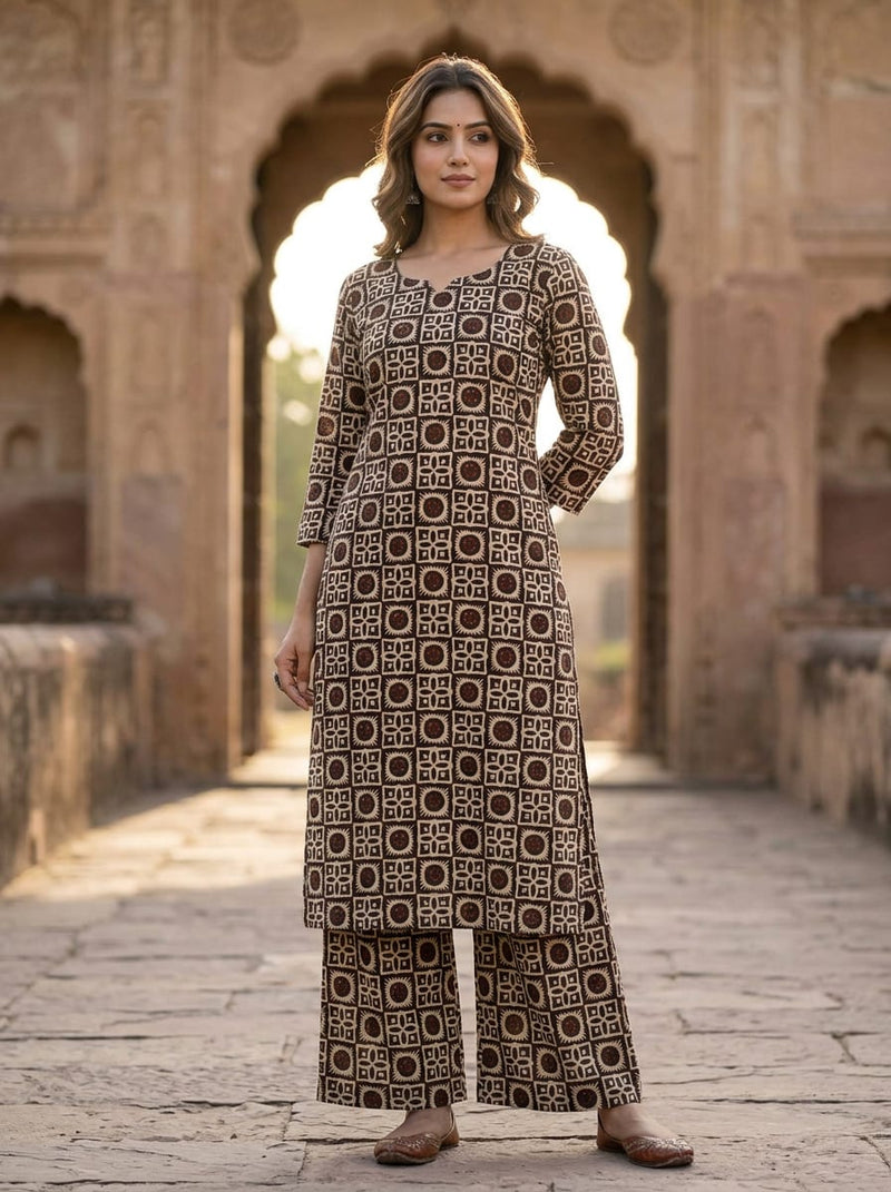 Brown Ethnic Geometric Tile Print Muslin Digital Printed Fabric