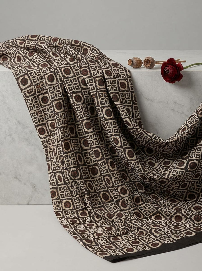 Brown Ethnic Geometric Tile Print Pure Muslin Digital Printed Fabric