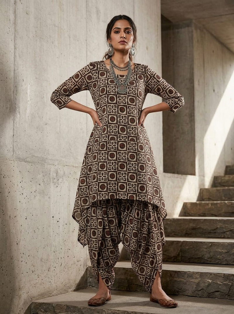 Brown Ethnic Geometric Tile Print Pure Muslin Digital Printed Fabric