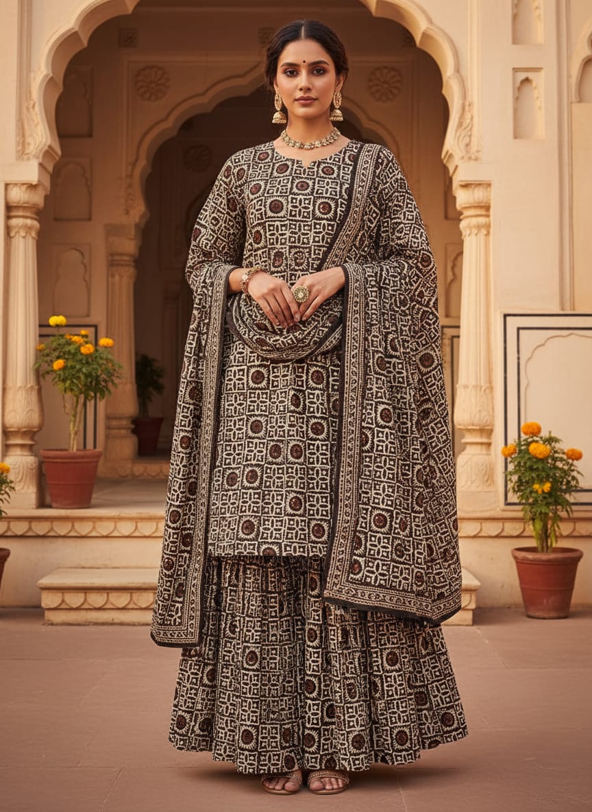 Brown Ethnic Geometric Tile Print Upada Silk Digital Printed Fabric