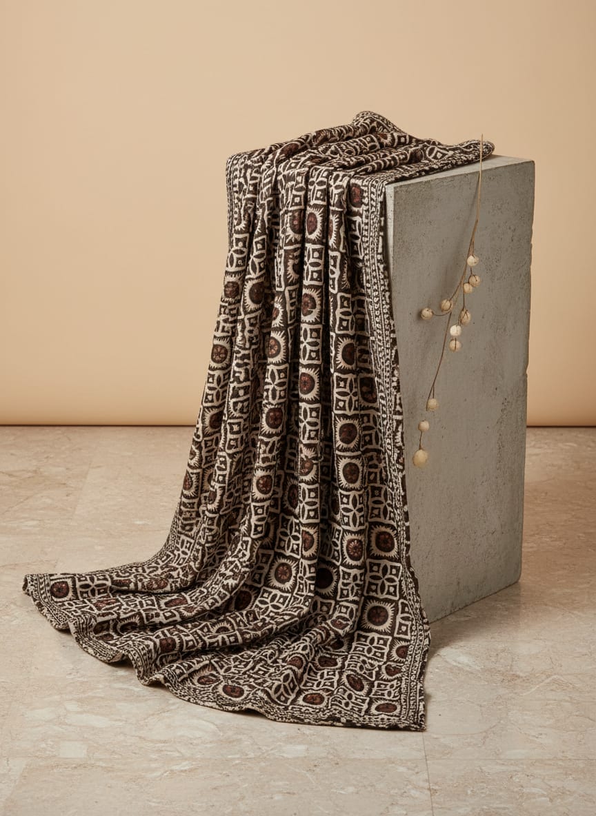 Brown Ethnic Geometric Tile Print Upada Silk Digital Printed Fabric
