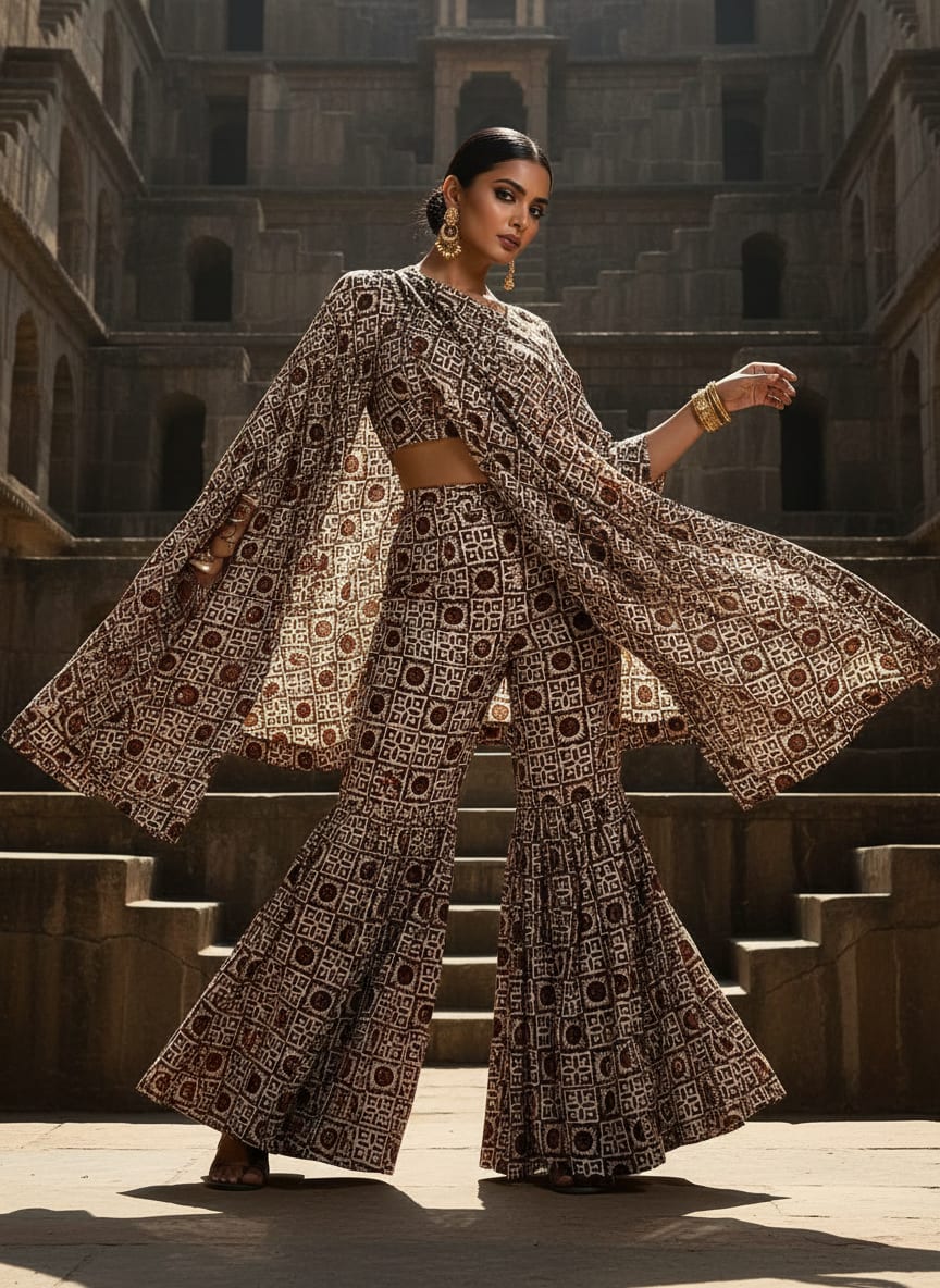 Brown Ethnic Geometric Tile Print Upada Silk Digital Printed Fabric