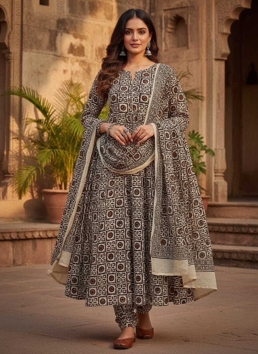 Brown Ethnic Geometric Tile Print Pure Georgette Digital Printed Fabric
