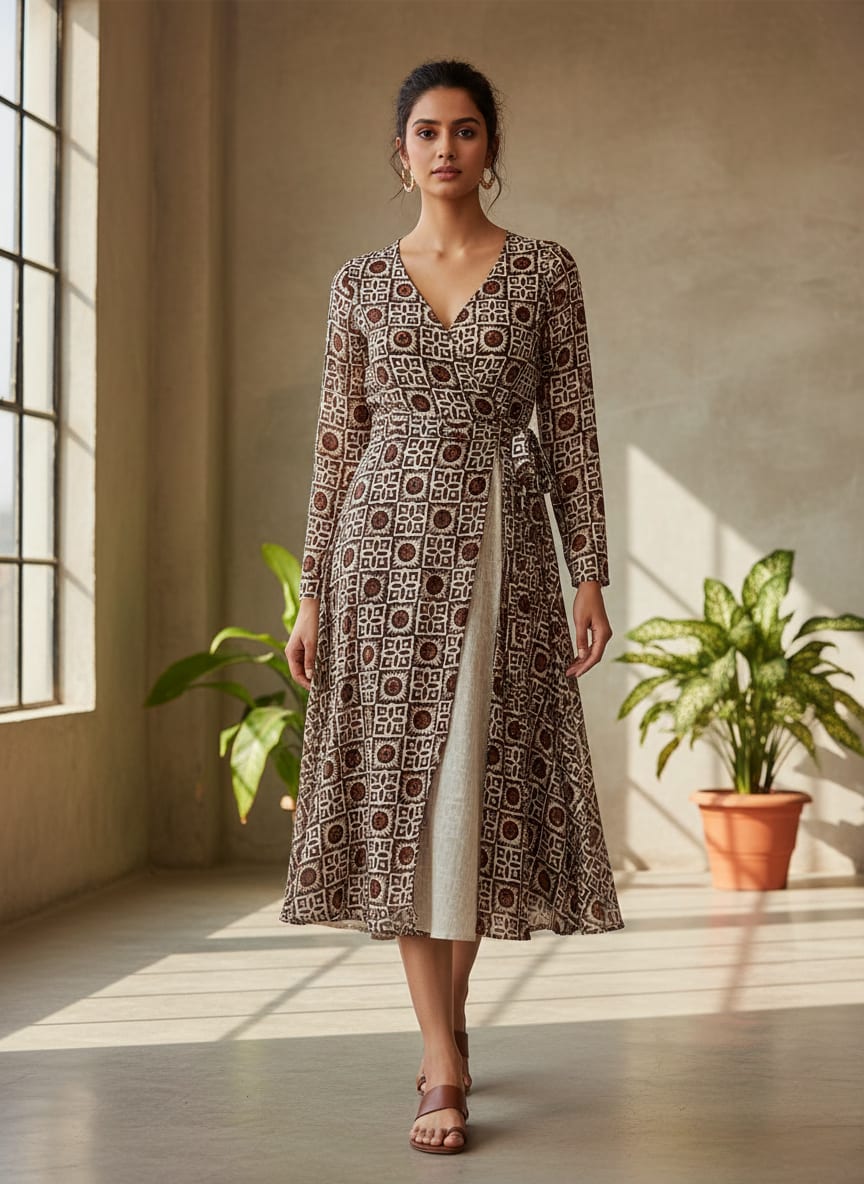 Brown Ethnic Geometric Tile Print Pure Georgette Digital Printed Fabric