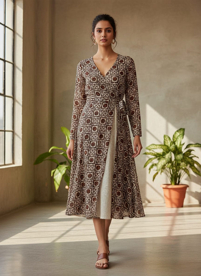 Brown Ethnic Geometric Tile Print Pure Georgette Digital Printed Fabric