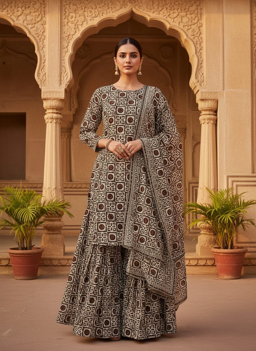 Brown Ethnic Geometric Tile Print Pure Georgette Digital Printed Fabric