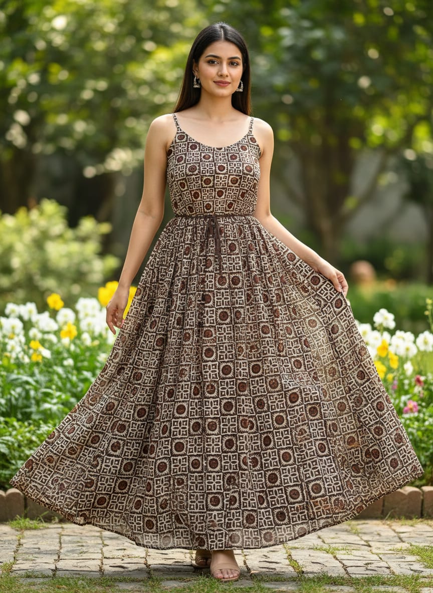 Brown Ethnic Geometric Tile Print Pure Georgette Digital Printed Fabric