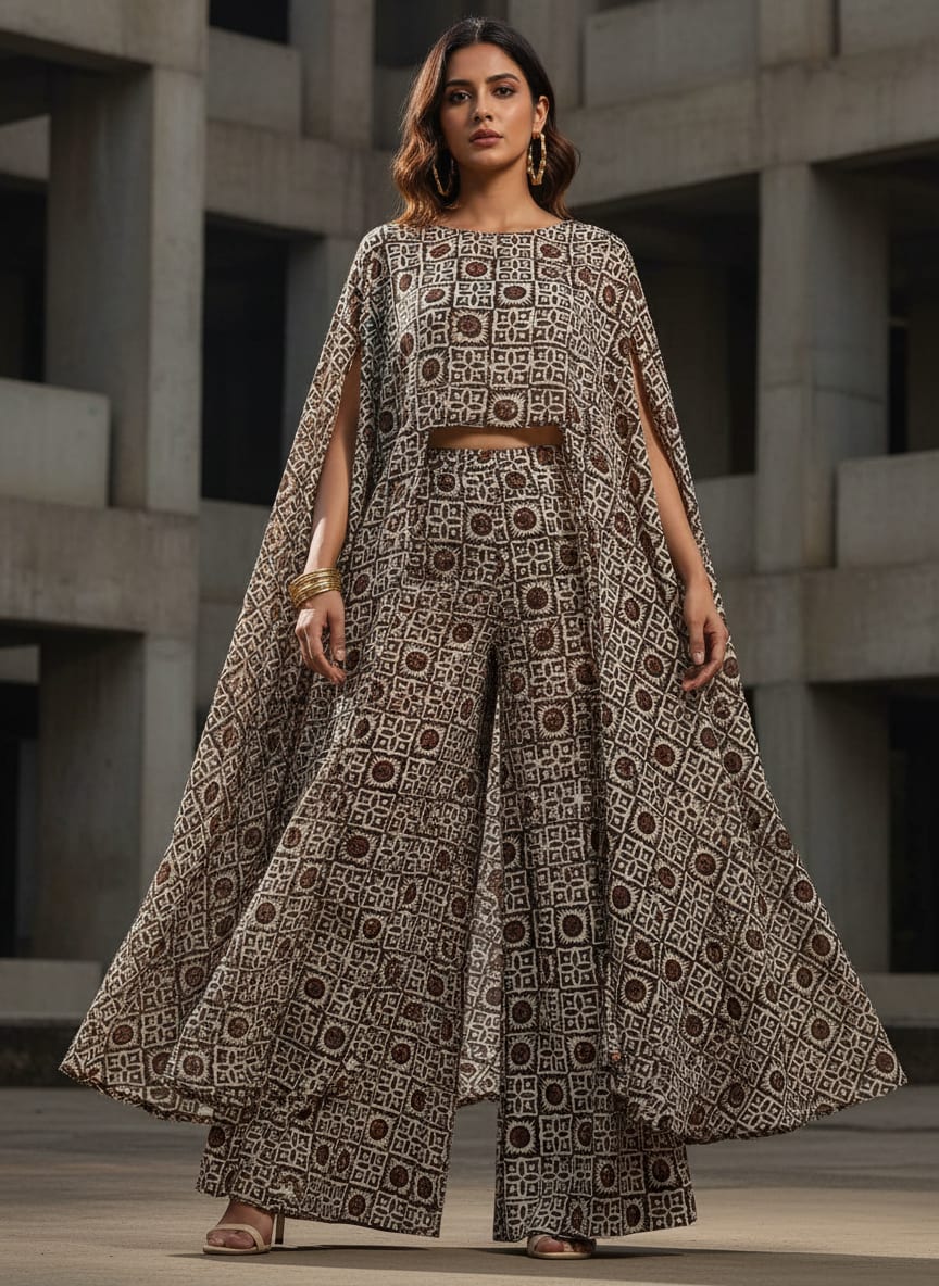 Brown Ethnic Geometric Tile Print Pure Georgette Digital Printed Fabric