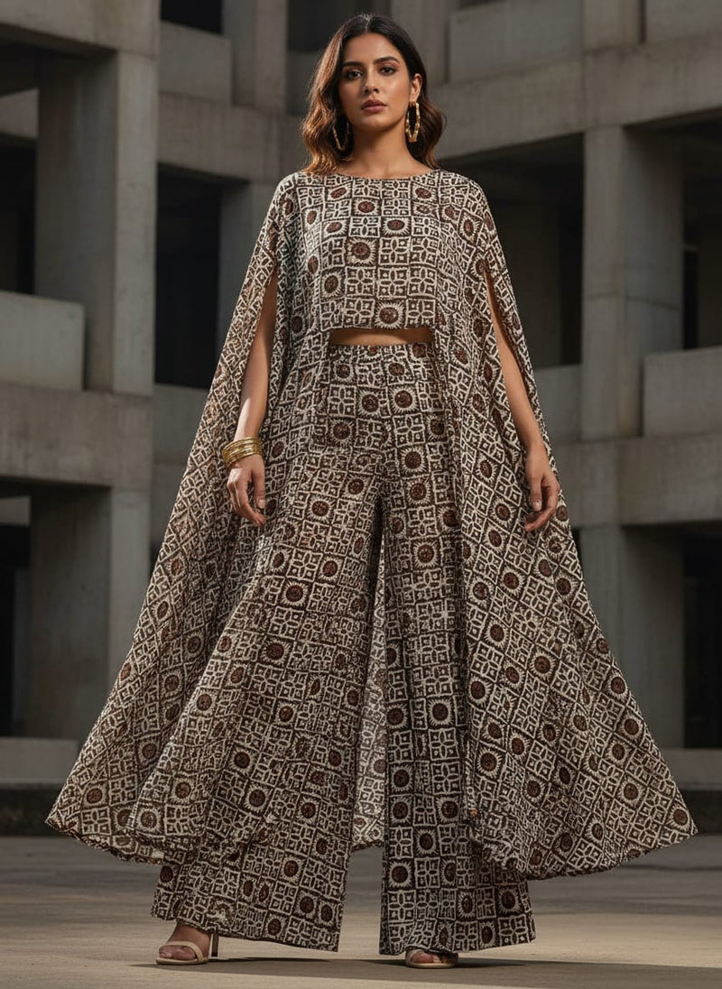 Brown Ethnic Geometric Tile Print Pure Georgette Digital Printed Fabric