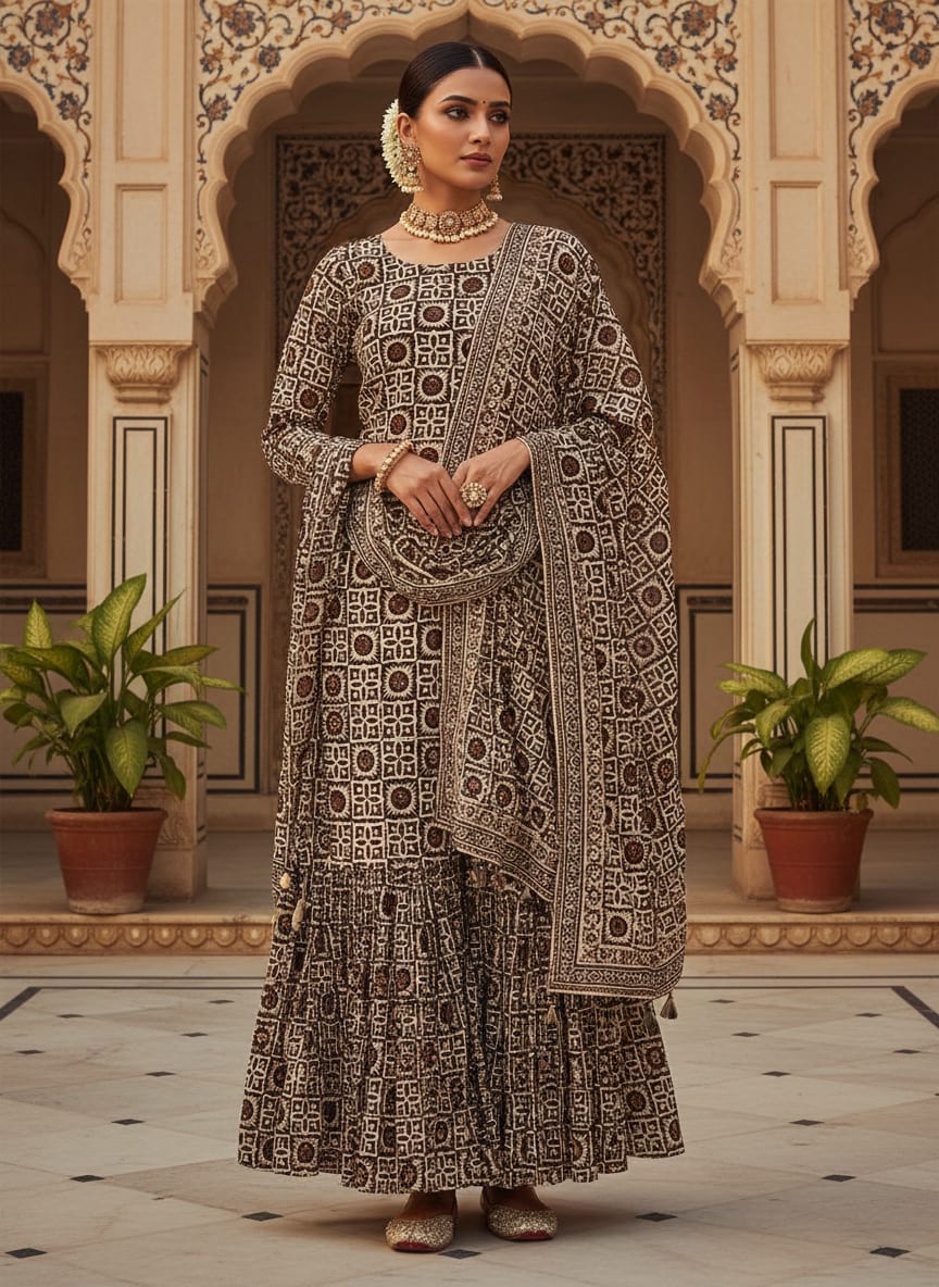 Brown Ethnic Geometric Tile Print Pure Georgette Digital Printed Fabric