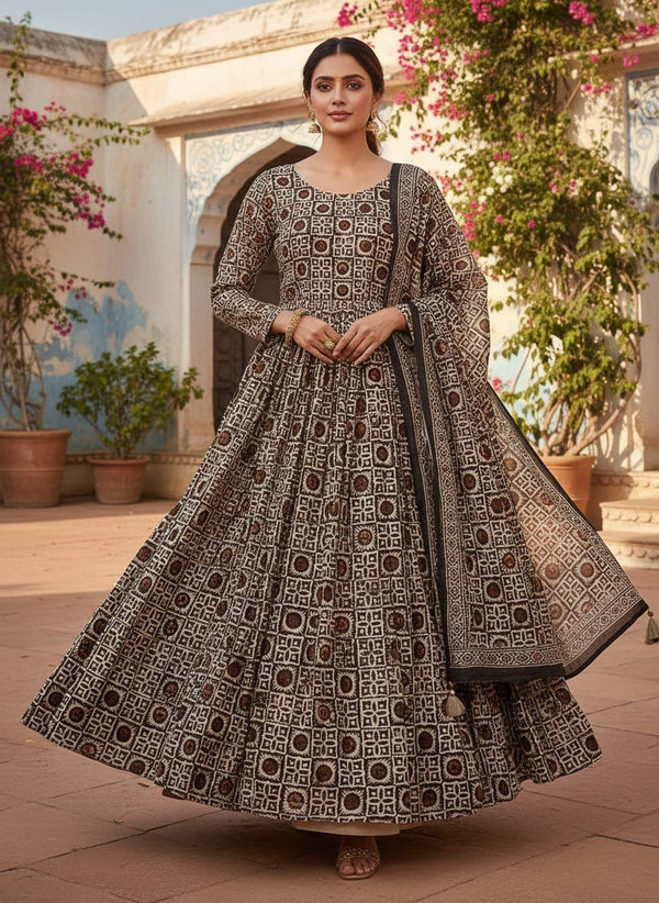 Brown Ethnic Tiled Geometric Pure Chinon Digital Printed Fabric - Anarkali Kurta Set Lookbook - PC-0-TA0143-106 - alternate view
