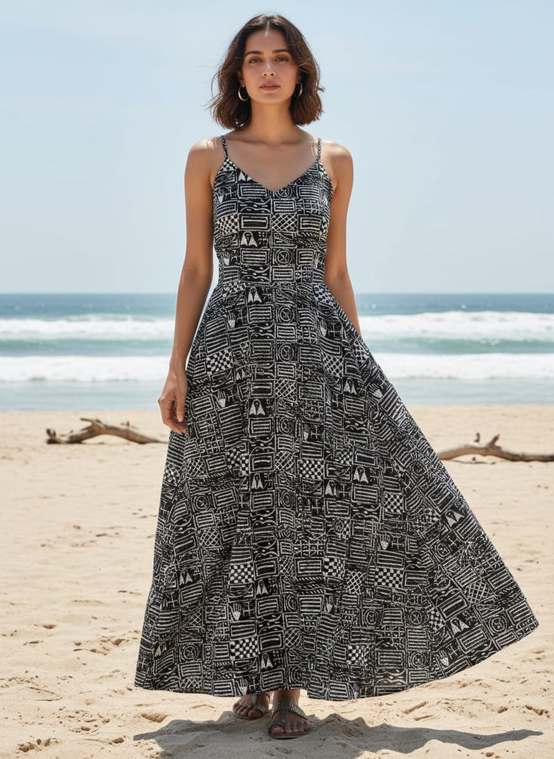Black Ethnic Tribal Block Print Weightless Digital Printed Fabric