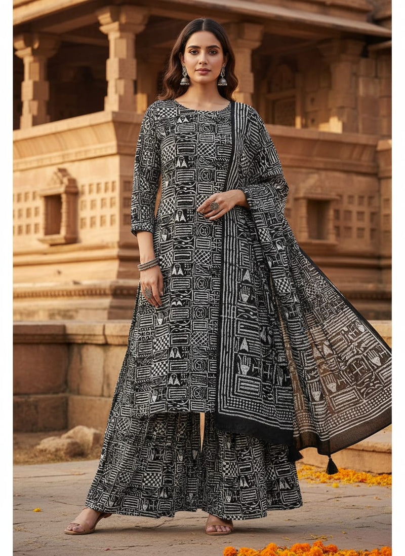 Black Ethnic Tribal Block Print Weightless Digital Printed Fabric