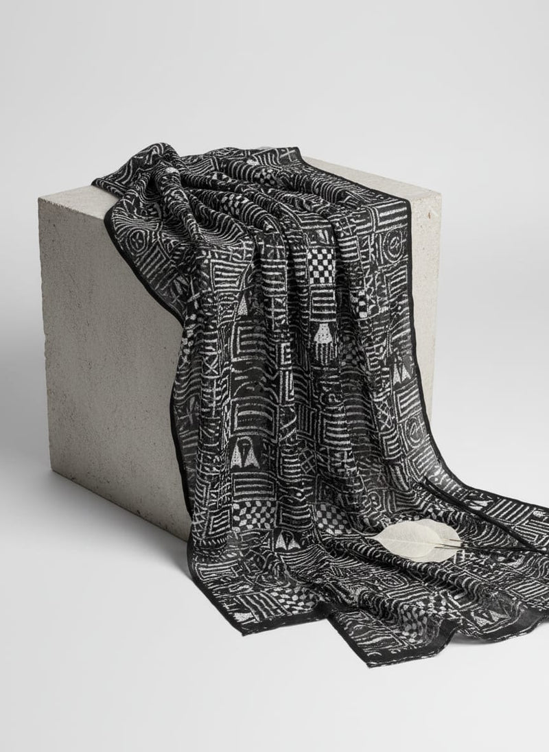 Black Ethnic Tribal Block Print Weightless Digital Printed Fabric