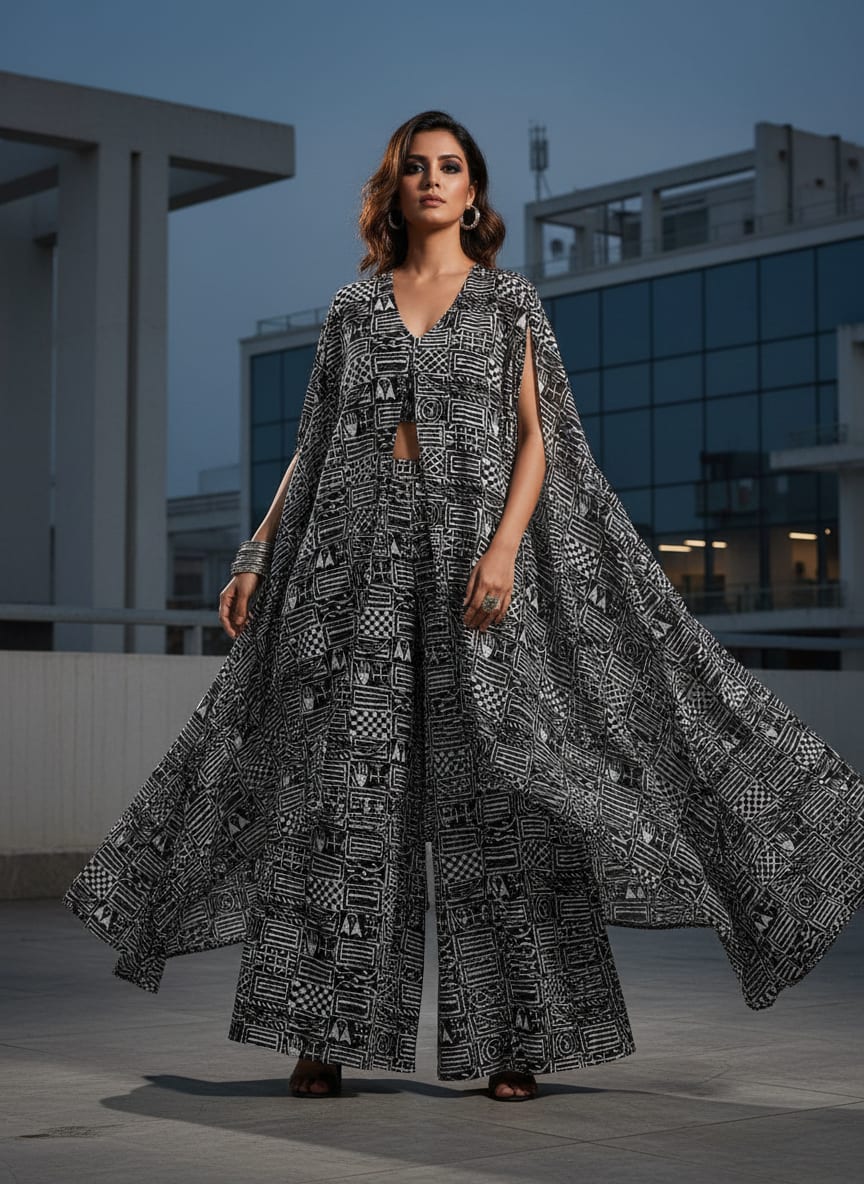 Black Ethnic Tribal Block Print Weightless Digital Printed Fabric