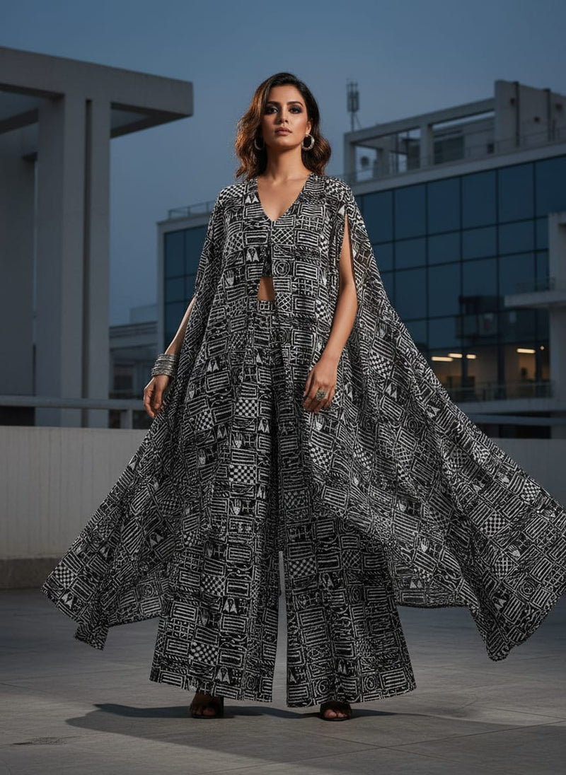 Black Ethnic Tribal Block Print Weightless Digital Printed Fabric