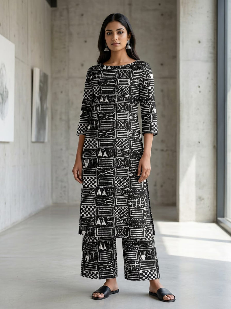 Black Ethnic Geometric Block Pattern Pure Muslin Digital Printed Fabric