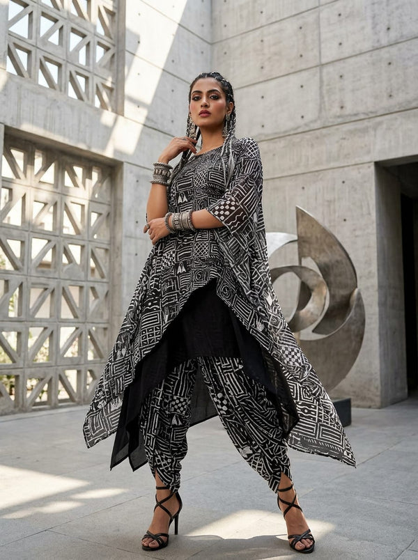 Black Ethnic Geometric Block Pattern Pure Muslin Digital Printed Fabric - Asymmetric Tunic with Dhoti Pants Lookbook - PM-0-TA0150-151 - alternate view