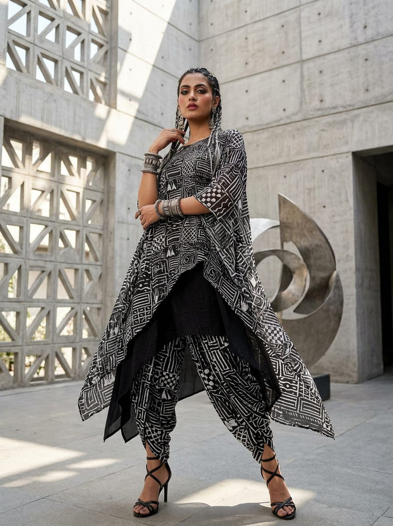 Black Ethnic Geometric Block Pattern Pure Muslin Digital Printed Fabric