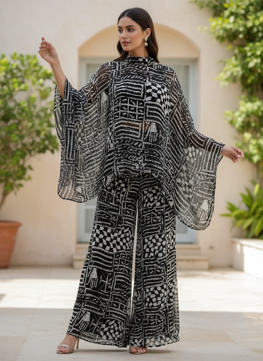 French Black And White Ghost Digital Printed Fabric - Pure Georgette