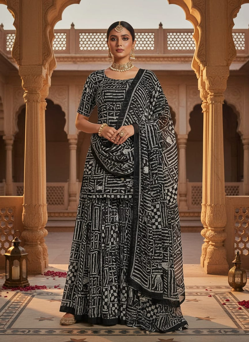 French Black And White Ghost Digital Printed Fabric - Pure Georgette