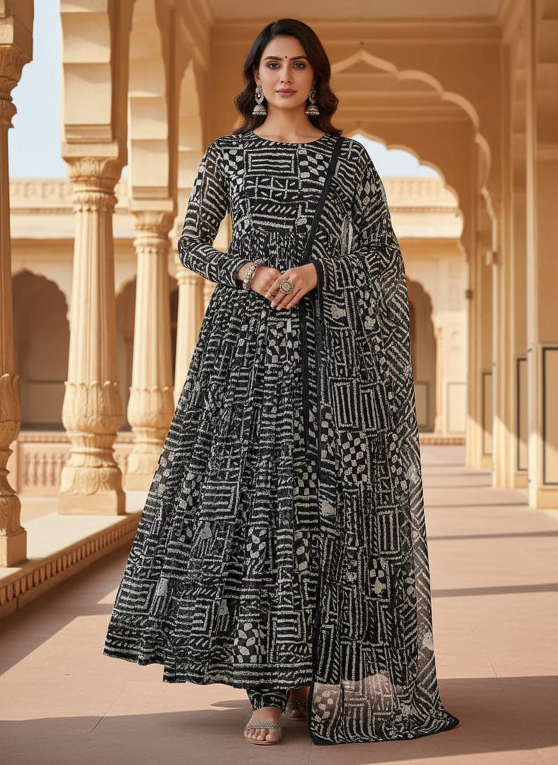 French Black And White Ghost Digital Printed Fabric - Pure Georgette
