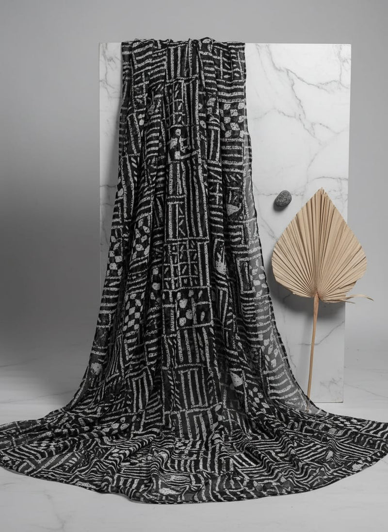 Black Abstract Ethnic Block Print Pure Georgette Digital Printed Fabric