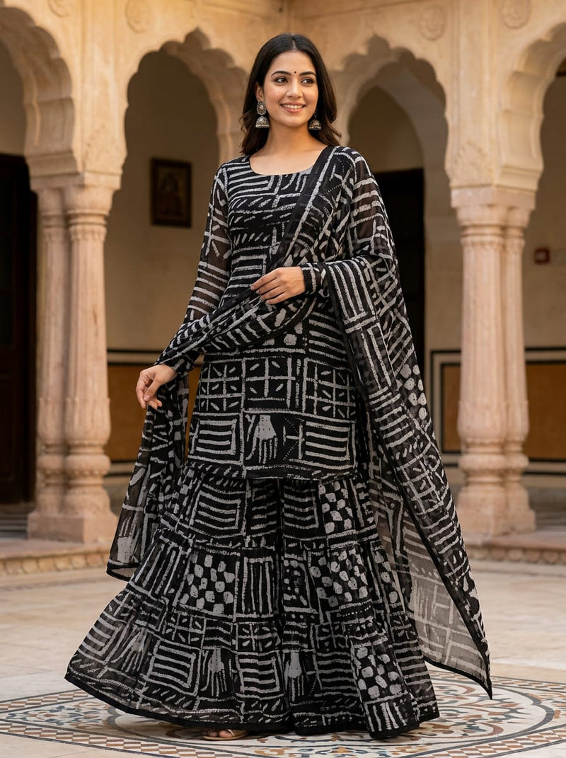 Black Abstract Ethnic Block Print Pure Georgette Digital Printed Fabric