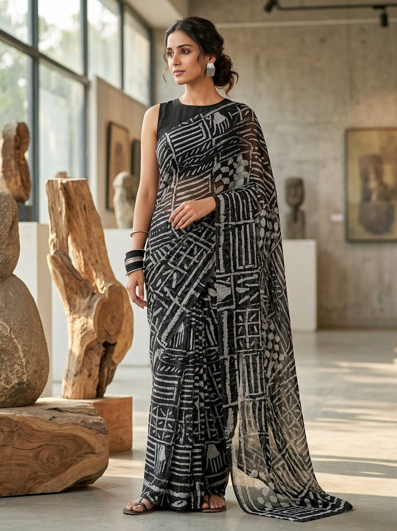 Black Abstract Ethnic Block Print Pure Georgette Digital Printed Fabric