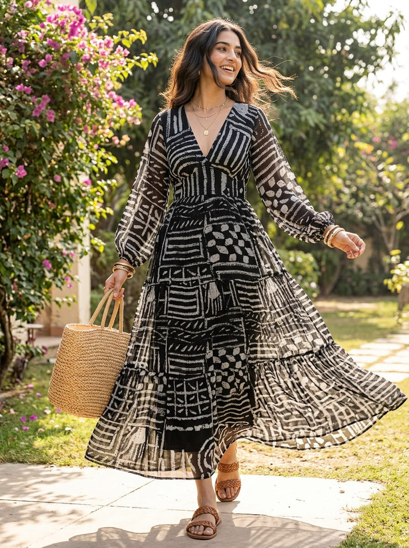 Black Abstract Ethnic Block Print Pure Georgette Digital Printed Fabric