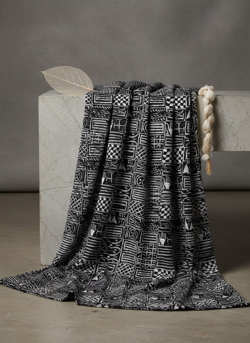 Black Monochrome Ethnic Geometric Pattern Pure Chinon Digital Printed Fabric