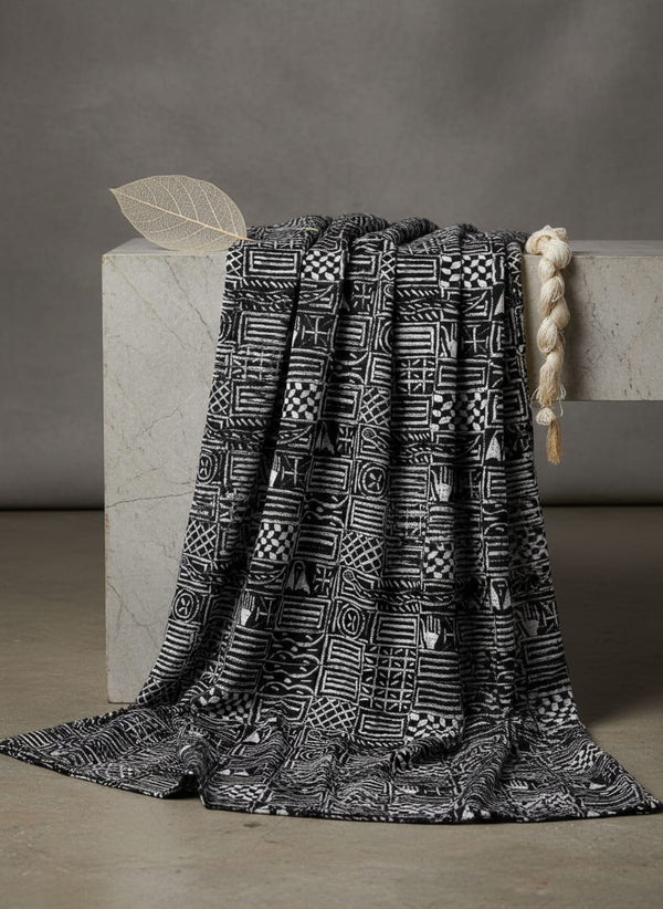 Black Monochrome Ethnic Geometric Pattern Pure Chinon Digital Printed Fabric - Fabric Editorial Studio Flatlay Lookbook - PC-0-TA0150-106