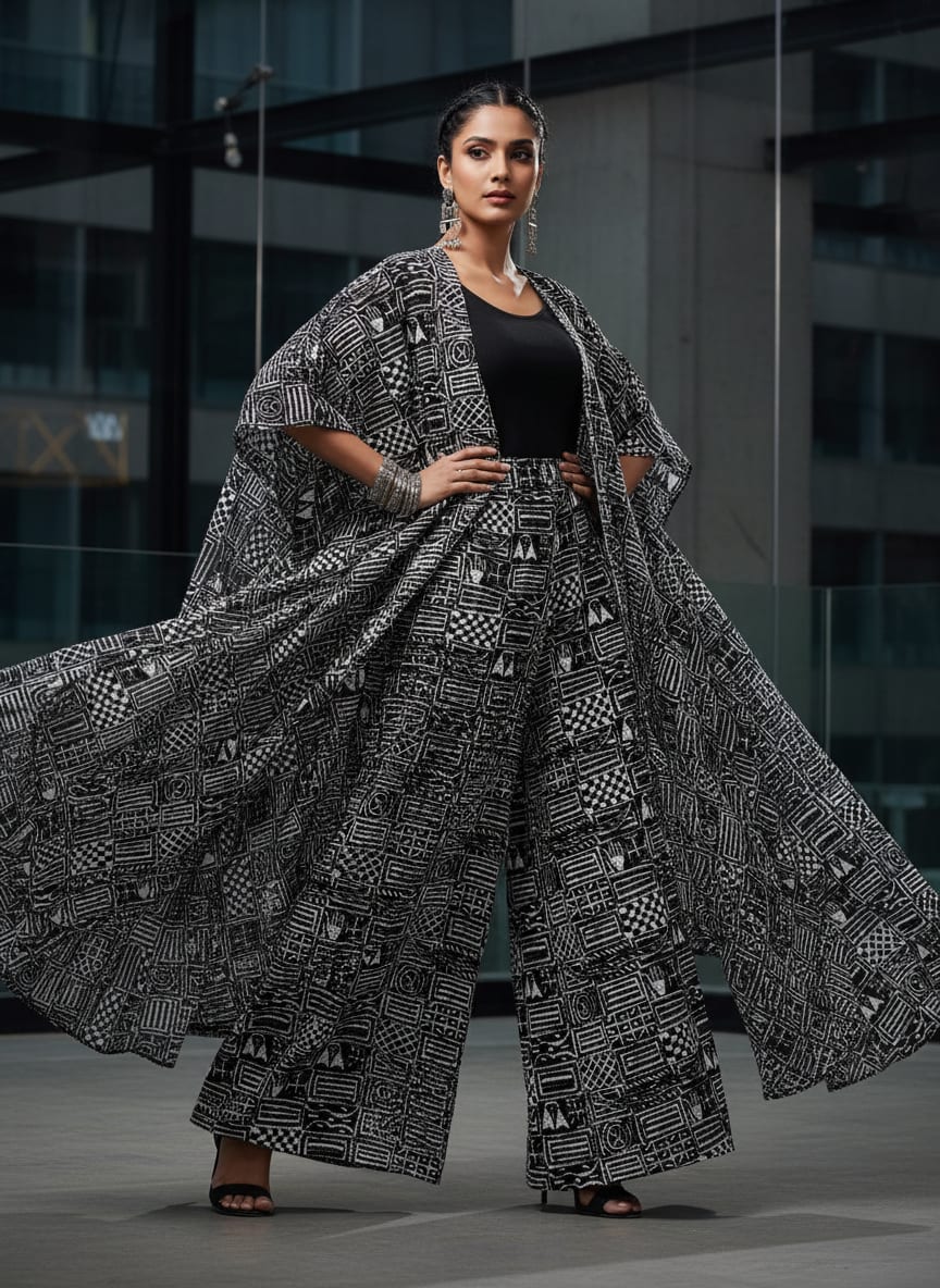 Black Monochrome Ethnic Geometric Pattern Pure Chinon Digital Printed Fabric