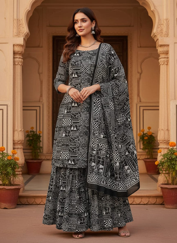 Black Monochrome Ethnic Geometric Pattern Pure Chinon Digital Printed Fabric - Sharara Set Lookbook - PC-0-TA0150-106 - alternate view