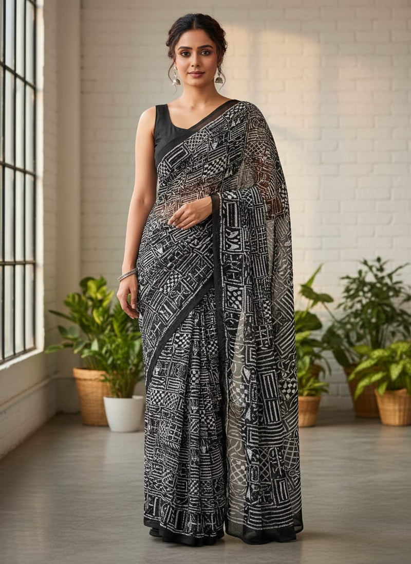 French Black And White Ghost Digital Printed Fabric - Pure Chiffon