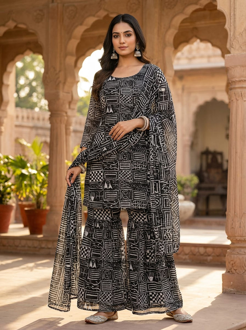 Black Ethnic Geometric Block Pattern Pure Chiffon Digital Printed Fabric