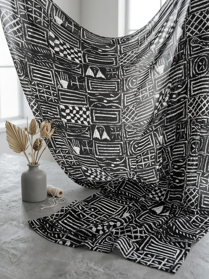 Black Ethnic Geometric Block Pattern Pure Chiffon Digital Printed Fabric