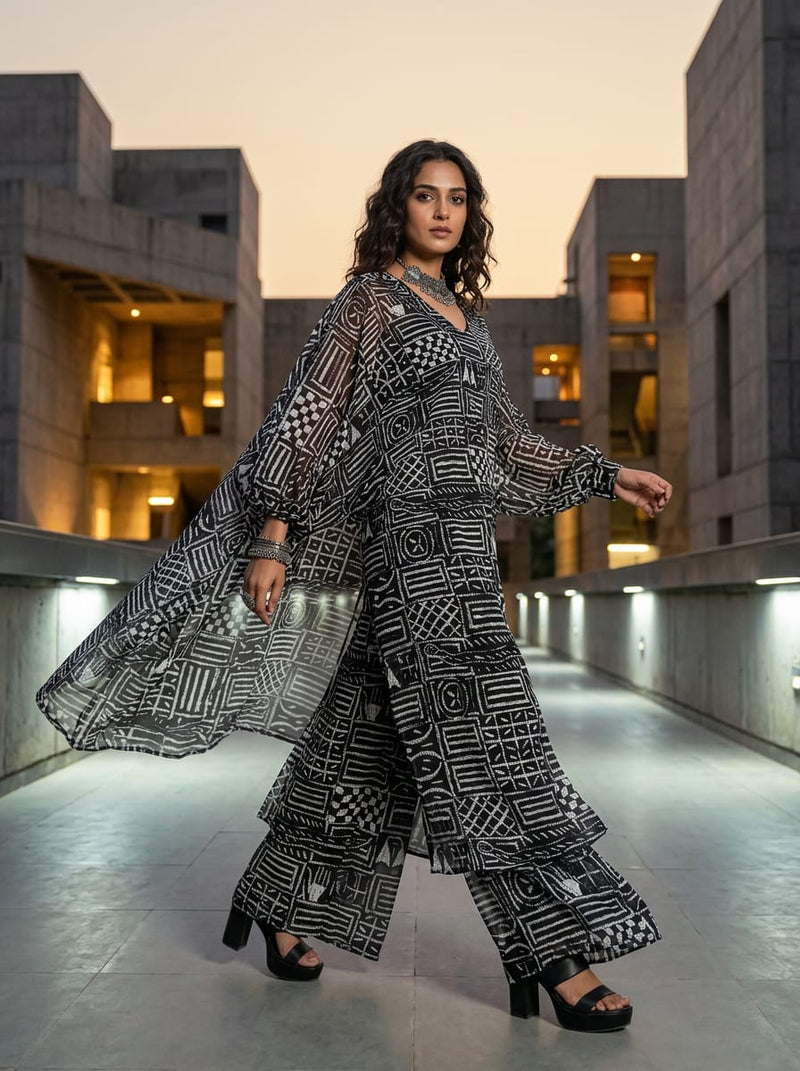 Black Ethnic Geometric Block Pattern Pure Chiffon Digital Printed Fabric