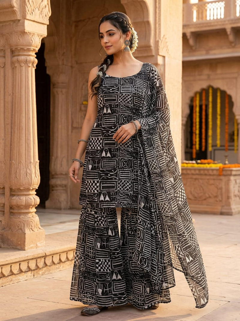 Black Ethnic Geometric Block Pattern Pure Chiffon Digital Printed Fabric