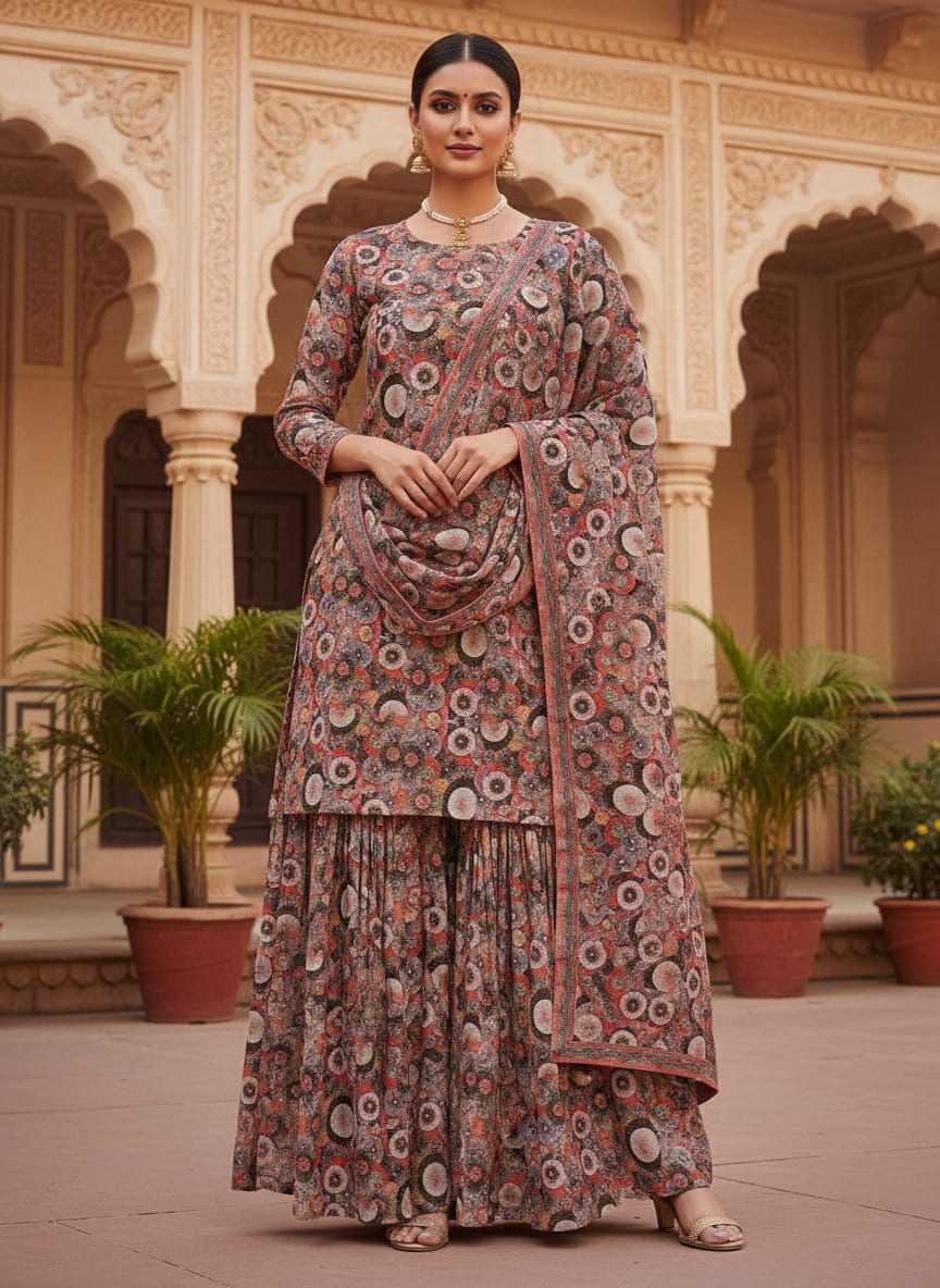Glam Polished Multicolour Rounded Digital Printed Fabric - Upada Silk