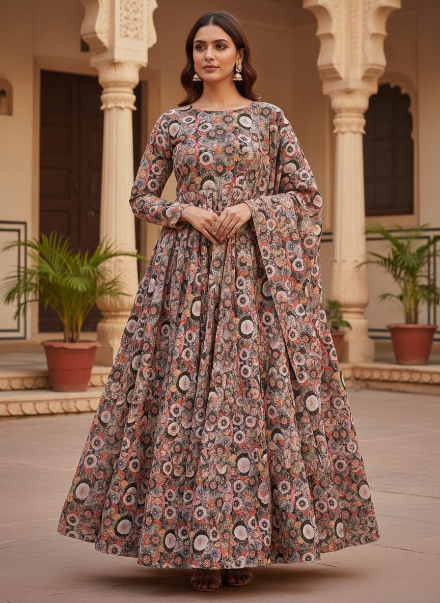 Glam Polished Multicolour Rounded Digital Printed Fabric - Upada Silk